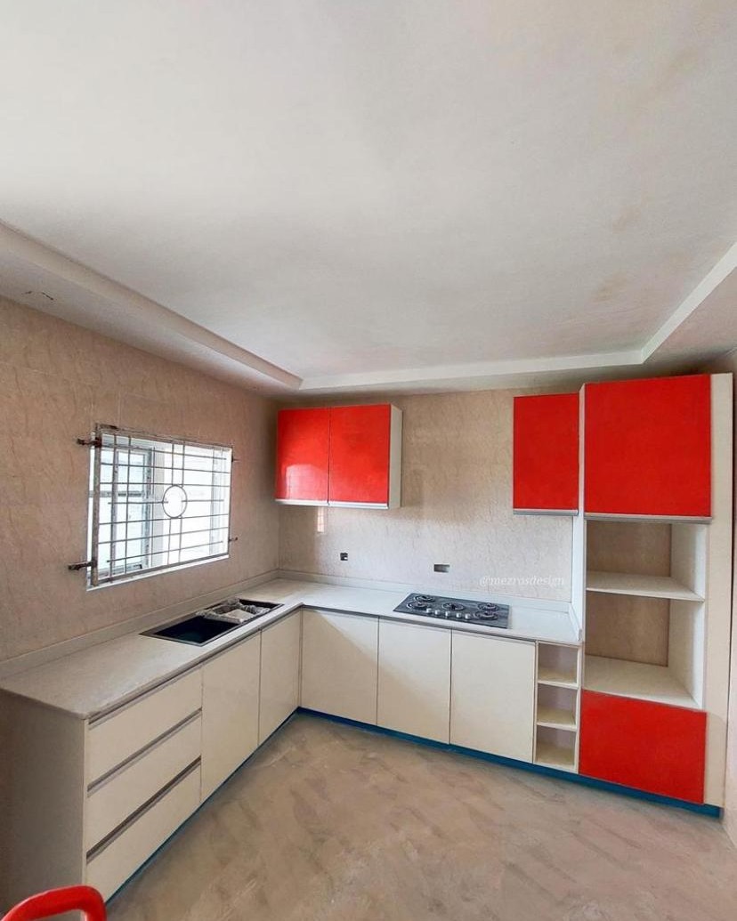 Modern Red & White Kitchen Cabinet Set